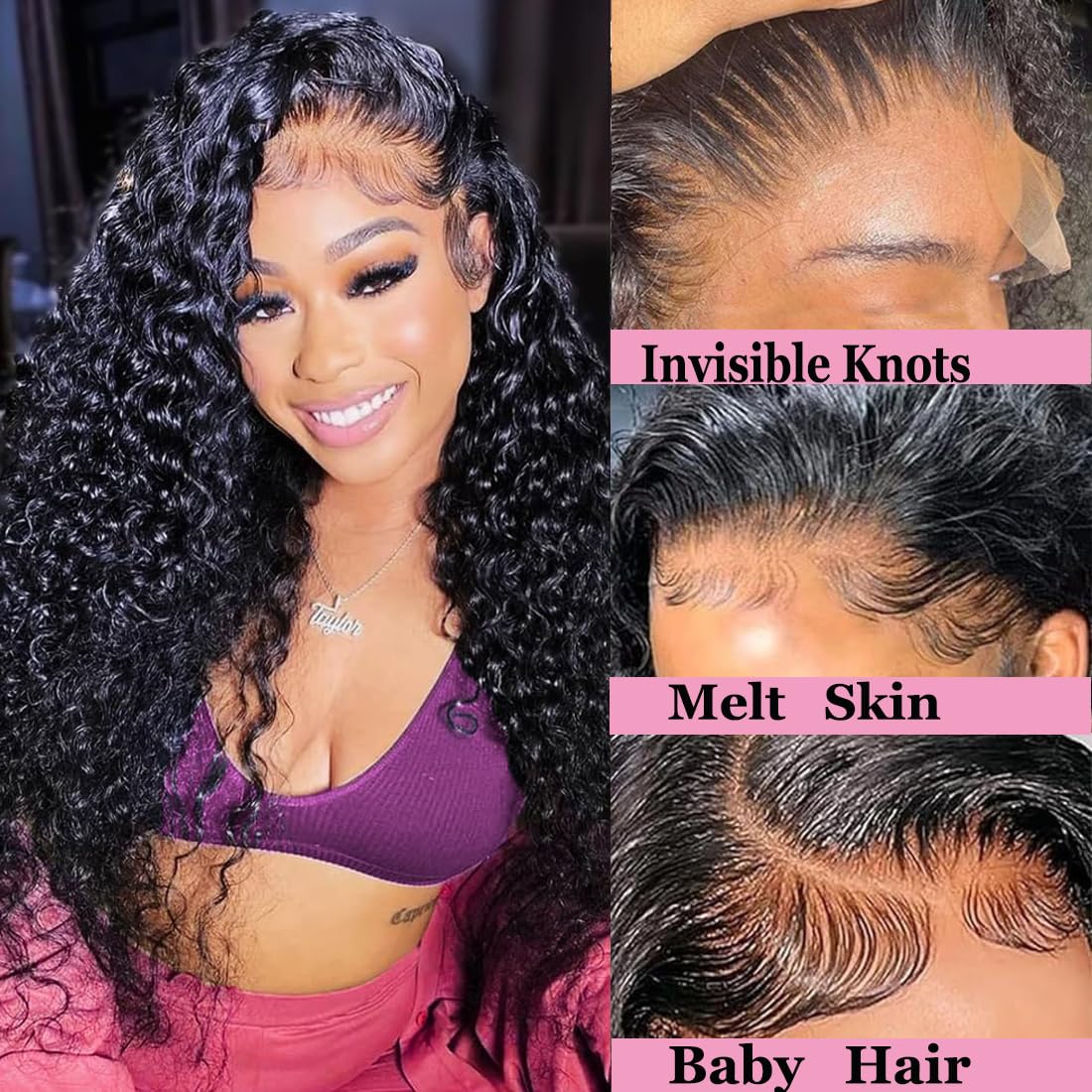 Ebarly Hidden Strap 360 Full Lace Front Wigs Human Hair Pre Plucked Bleached Knots 180 Density Water Wave HD Lace Frontal Wig with Drawstring Natural Hairline Glueless Wigs for Women(24 inch)