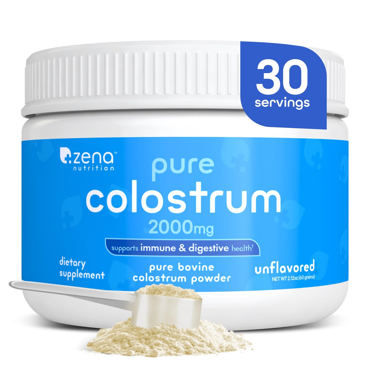 Zena Nutrition Bovine Colostrum Powder Supplement, 2000mg Pure Colostrum, Supports Immune and Digestive Health, Promotes Gut Health, Keto, Gluten Free, Fat Free, Grass Fed, Unflavored, 30 Servings