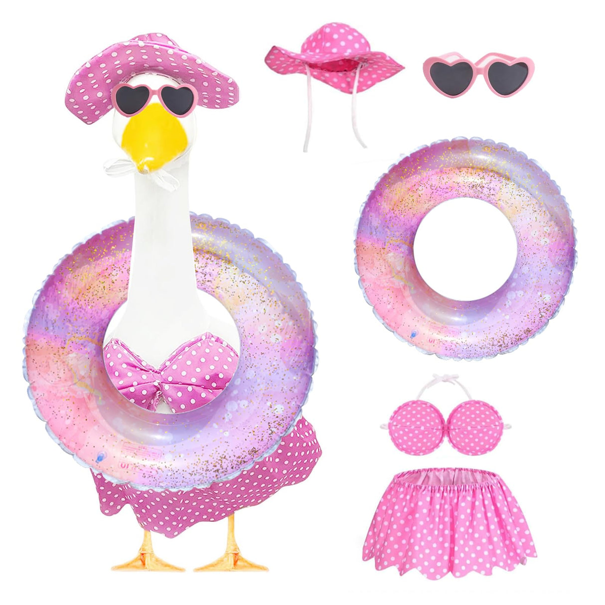 Wxcrsaz Porch Goose Summer Outfit for Cement or Plastic Goose 23'' Lawn Patio Statue, Bikini Goose Clothes, Hawaiian Outfit with Hat Sunglasses & Swimming Ring for Outdoor Garden Yard Decor (Pink)