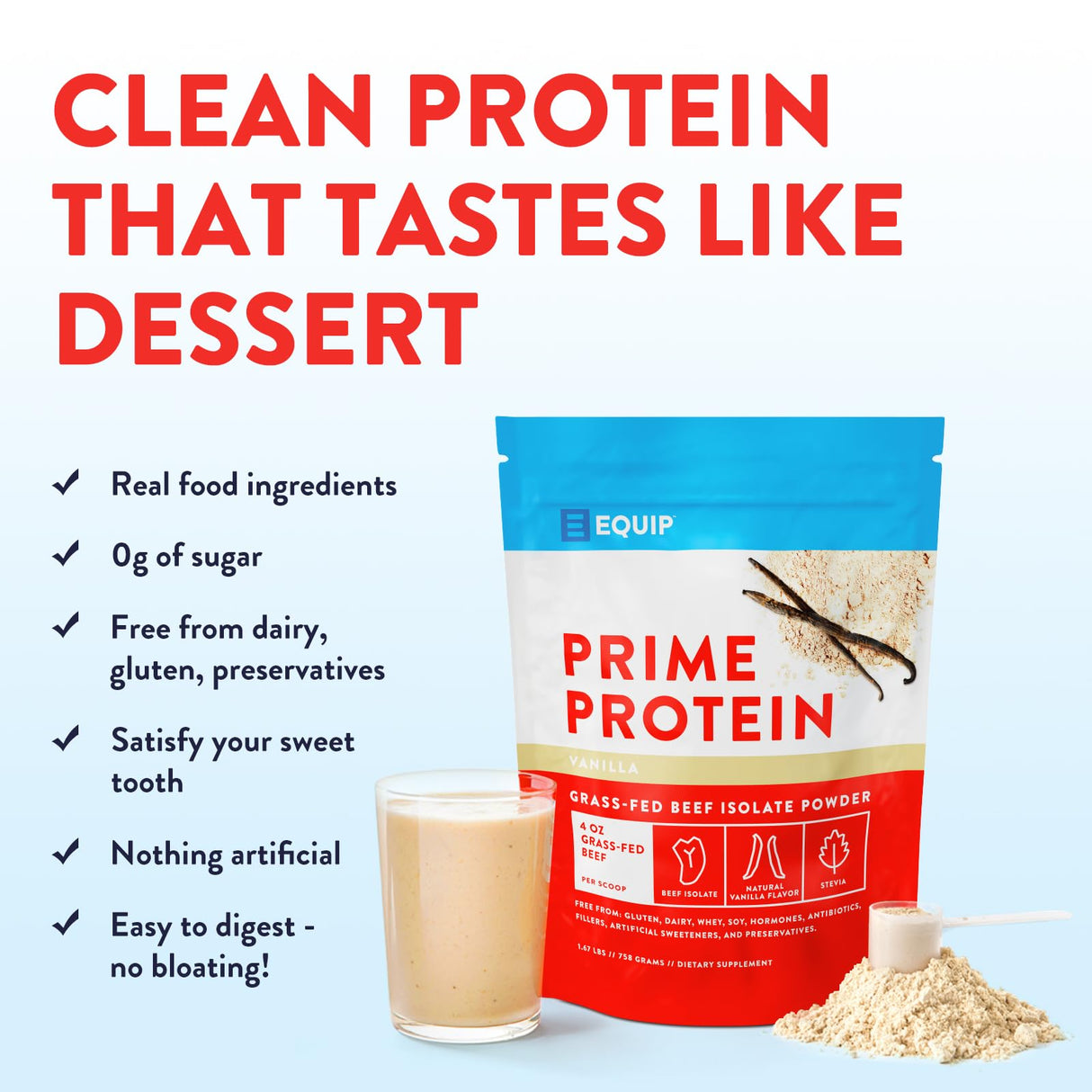Equip Foods Prime Protein Powder | Clean, Grass Fed Beef Protein Isolate | Carnivore Protein Powder | Paleo, Keto Friendly | Gluten, Dairy Free | Helps Build & Repair Tissue | 30 Servings, Vanilla
