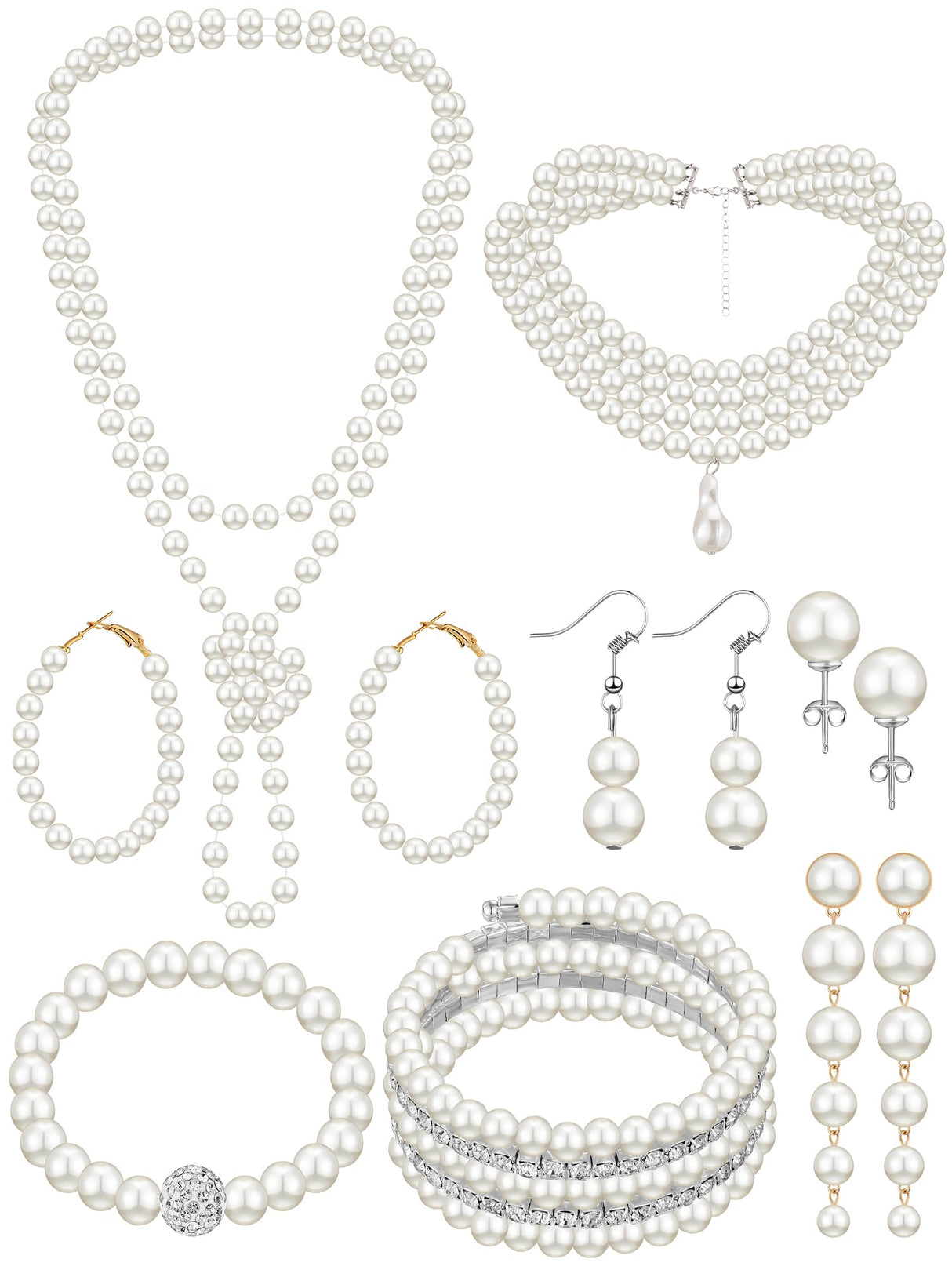 BBTO 8 Pcs Pearl Necklace Earring Set Women Wedding Jewelry,Vintage Style