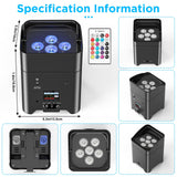 Battery Powered Uplights Rechargeable Par Can 6x18W RGBWA+UV LED Uplight 9600 mAh APP/Remote/DMX512 Control Stage Lights Uplighting Indoor for Wedding DJ Church Christmas Dance