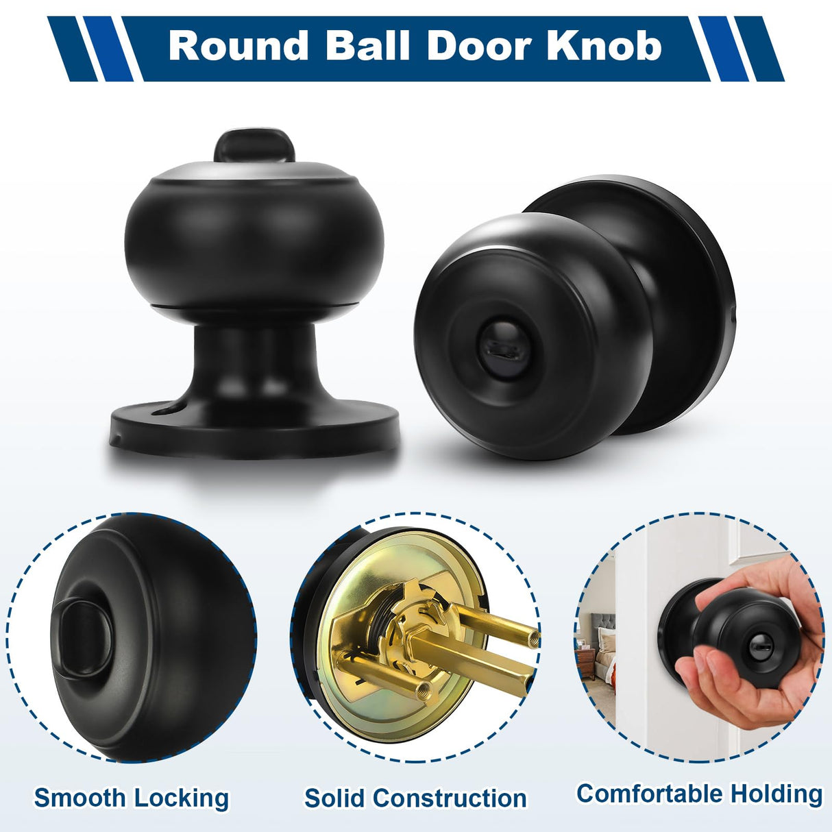 Estmoon 6 Pack Door Knobs, Matte Black Privacy Door Knob with Lock, Keyless Door Handle with Lock for Bedrooms/Bathrooms