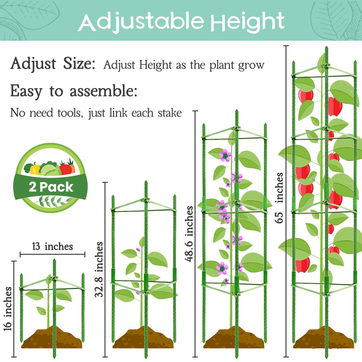 Legigo 2-Pack Tomato Cage for Garden Plant Support- Up to 63inch Garden Stakes Tomato Cage, Tomato Trellis for Potted Plants, Tomato Cages Plant Stakes for Climbing Vegetables Plants Flowers