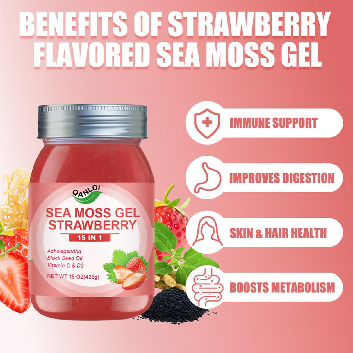 QANLOI 15OZ Strawberry Flavored Sea Moss Gel, 15-in-1 Ingredient, Rich in Ashwagandha, Vitamins and Minerals, Promotes Metabolism & Improves Digestion