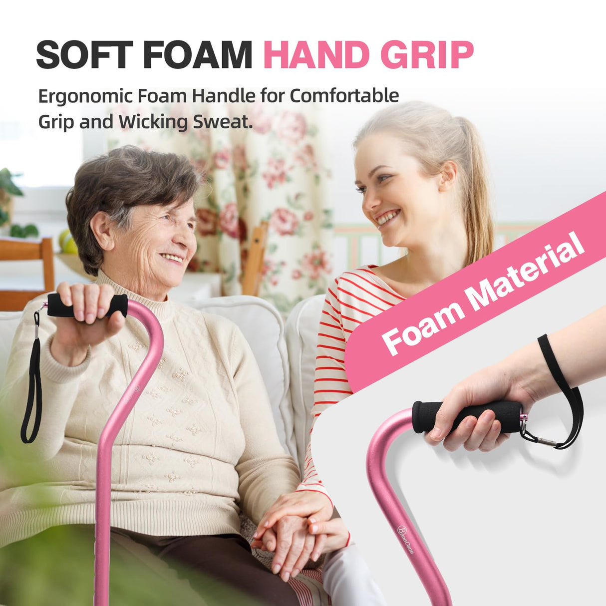 BeneCane Quad Cane Adjustable Walking Cane with Offset Soft Cushioned Handle for Men & Women Lightweight Comfortable with 4-Pronged feet for Extra Stability(Pink)