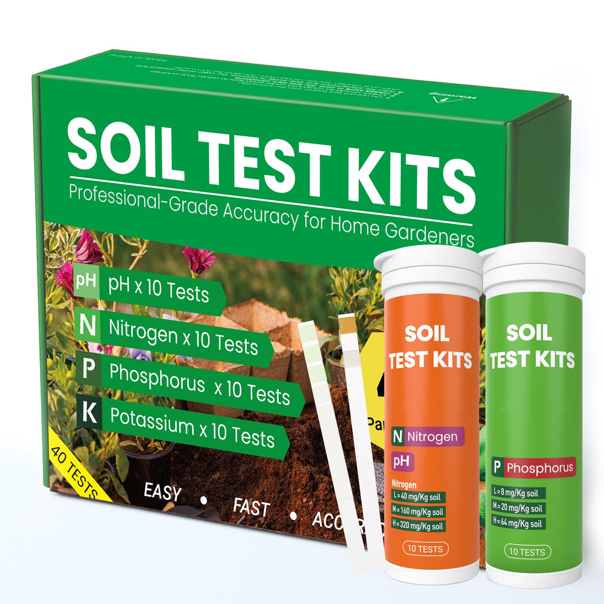 AKSBTEC Soil Test Kit 4-in-1 for Lawns & Gardens – 40 Tests (pH, Nitrogen, Phosphorus, Potassium) – Easy Soil Testing Kit for Vegetable Garden, Lawn & Plants