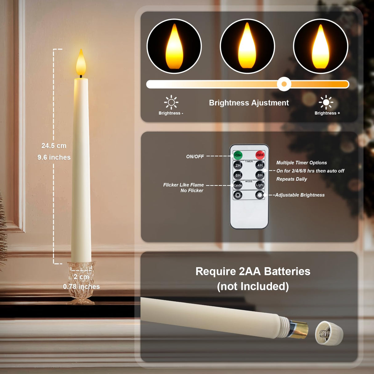 Meigic 12 Pcs Flameless Taper Candles with Remote, Timer, Plastic Battery Operated Window Candles, 9.6 Inches Ivory LED Candlesticks, for Halloween Christmas Home Decoration