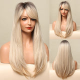 Honygebia Long Blonde Wig with Bangs - Ombre Dark Root Blonde Wigs for White Women, Striaght Wavy Synthetic Heat Resistant Hair, Natural Cute Wigs for Halloween/Christmas/Cosplay/Party