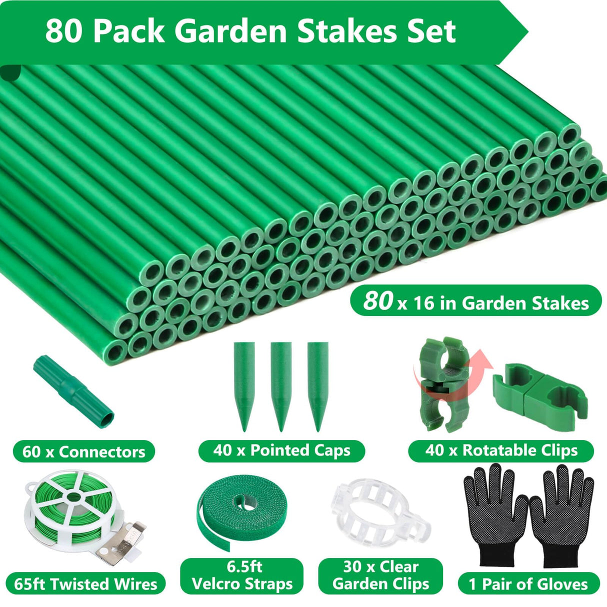Lezmarket 80 Pack Garden Stakes(16" Each), Plant Support Stakes, DIY 4ft 5ft 6ft 7ft Sturdy Fiberglass Plant Sticks Support Garden Trellis for Growing Climbing Tomato Vegetables Flowers