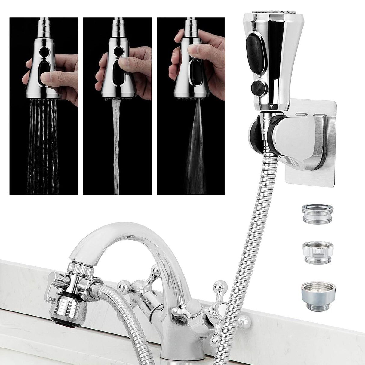 CECEFIN Kitchen Faucet Hose Attachment, Sink Sprayer Replacement Head with 4.9 Ft Stainless Steel Hose, Water Saving Aerator with 3-Way Diverter Valve for Hair Washing Laundry Room and Pet Shower