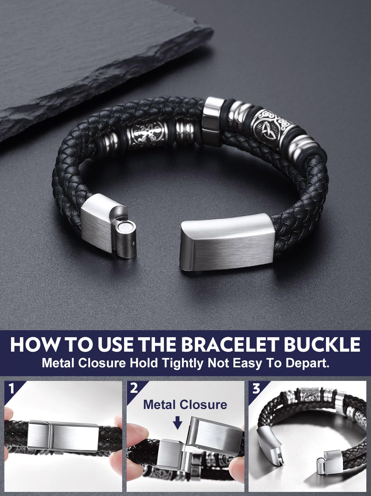 Bandmax Men's Norse Bracelet 8 inch Viking Celtic Knot Beads Bracelets Black Leather Braided Rope Wristband for Men Son Husband Grandson Gift For Father's Day Birthday Christmas Graduation
