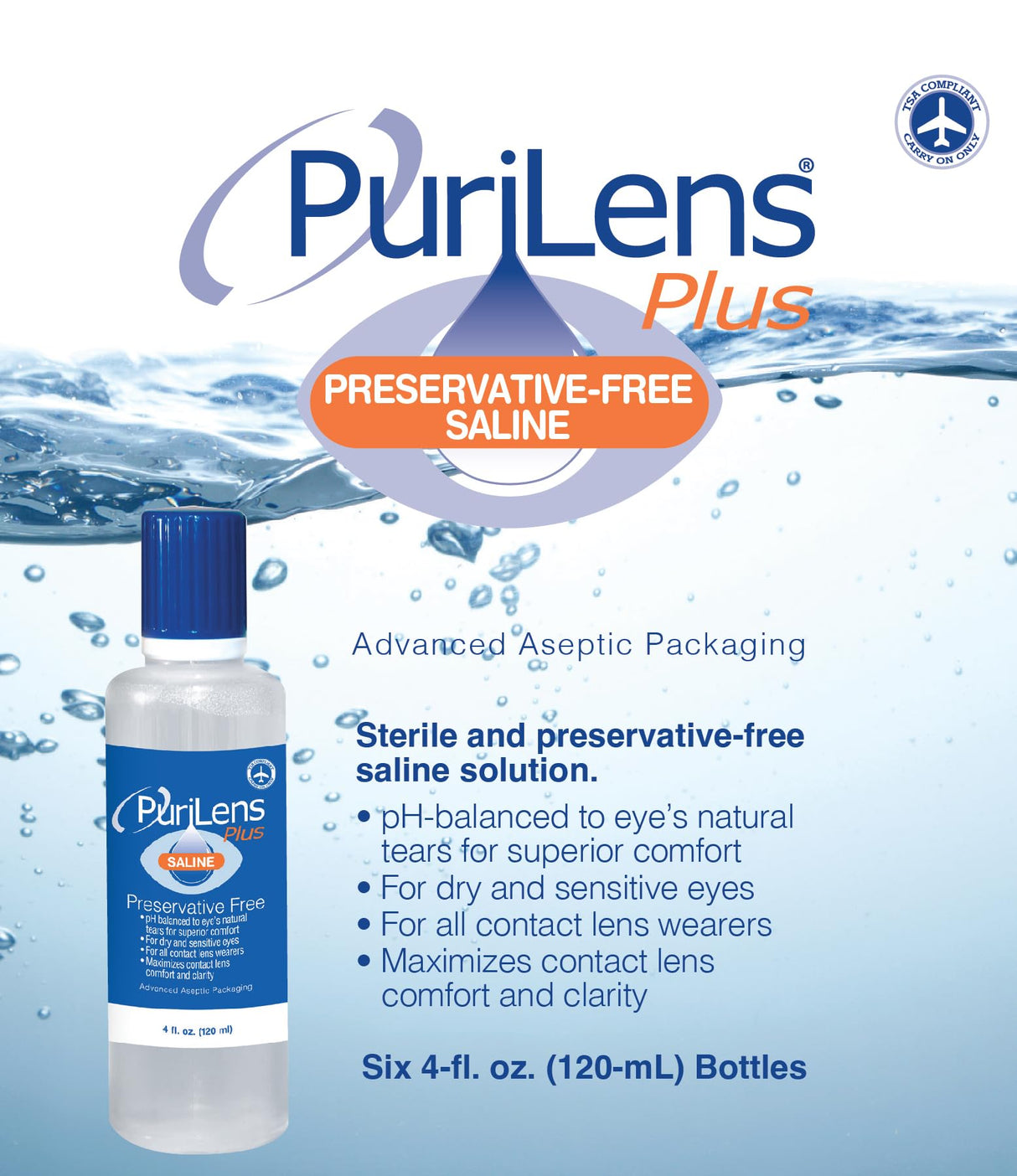 Purilens Plus Preservative-Free Contact Lens Saline 120ml (4 fl. oz.) 6 Pack