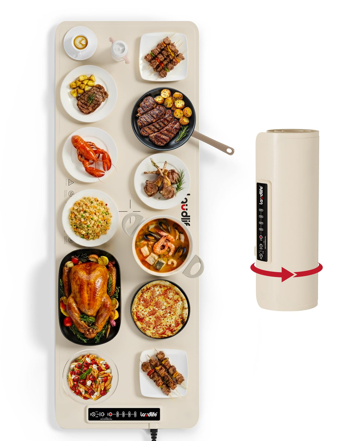 Extra Large Food Warming Mat for Countertop (XXXL 40”x16”) - Full-Surface Heating Pad with 4 Temps Settings, Ideal for Buffet Party Food Warmer, Roll-Up Electric Warming Tray for All Gathering, Beige