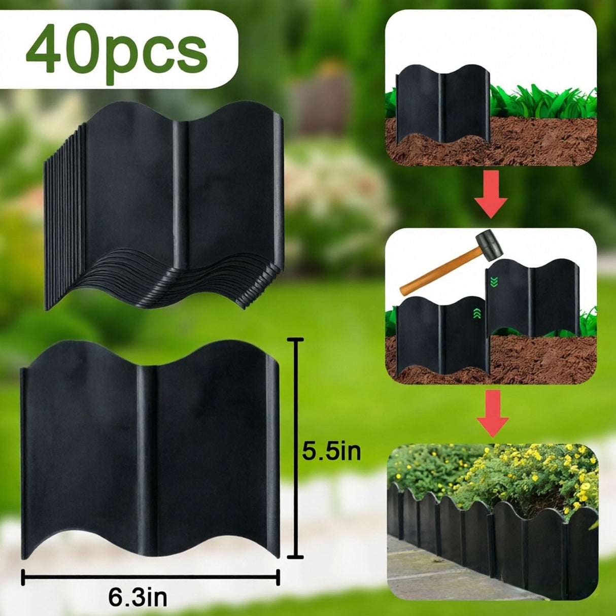 Orgrimmar Garden Edging Kit 40PCS Pound-in Interlocking Black(20”x5.3”)