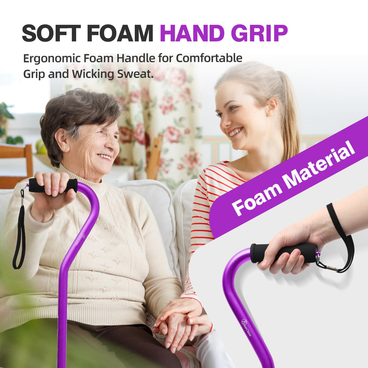 BeneCane Quad Cane Adjustable Walking Cane with Offset Soft Cushioned Handle for Men & Women Lightweight Comfortable with 4-Pronged feet for Extra Stability(Purple)