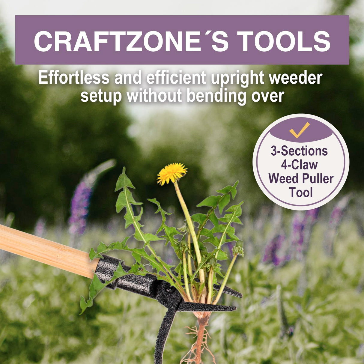 CRAFTZONE Weed Puller Stand Up Weed Puller Tool with Wooden Long Handle Foot Platform Design 4-Claw Steel Head & Removable 3-Section Pole Garden Tools-Easily Remove Weeds Without Bending or Kneeling