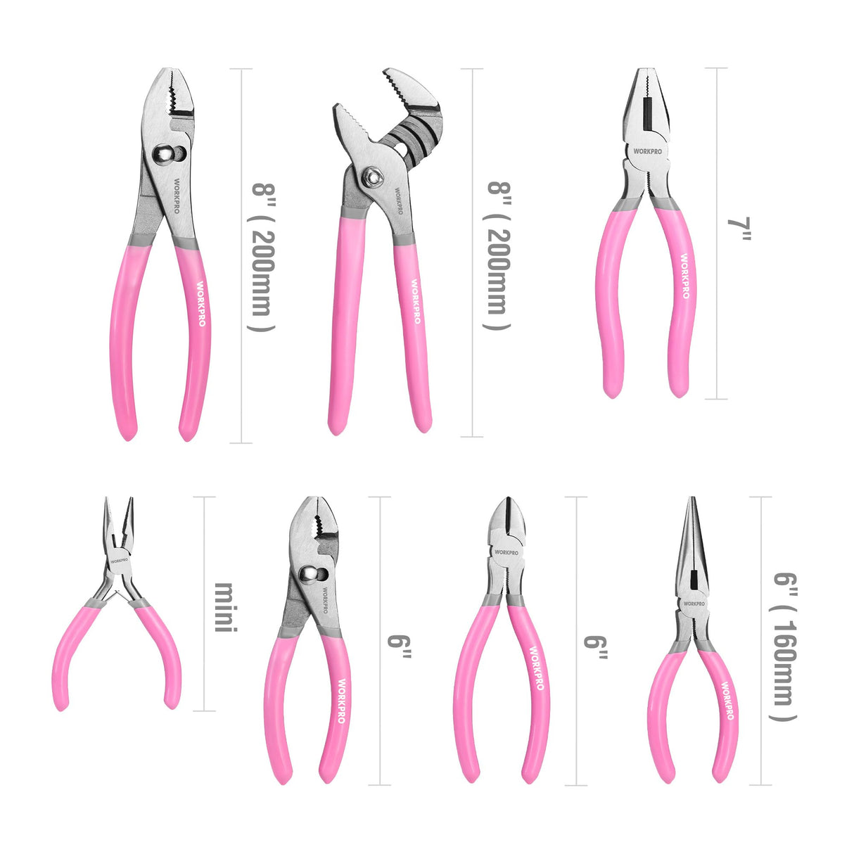 WORKPRO 7-piece Pliers Set with Groove Joint, Long Nose, Slip Joint, Linesman, and Diagonal Pliers for DIY & Home Use - Pink Ribbon