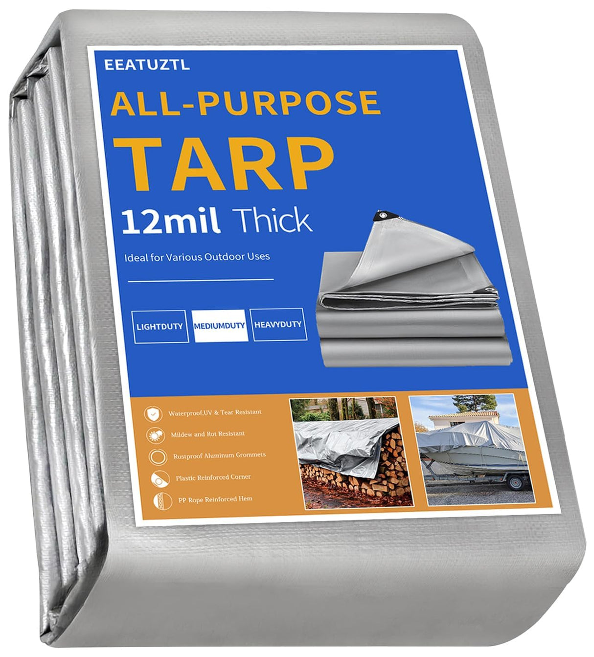 Tarps Heavy Duty Waterproof 10x12 FT,Sliver 12 Mil Large Tarps with Grommets and Reinforced Edges,UV Resistant,Tear&Fade Resistant,Finished for Outdoors Patio Boat,Roof,Camping,10x12 FT