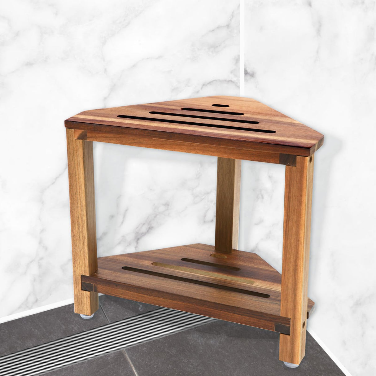 IBosins Corner Shower Stool with Storage Shelf Shower Foot Rest for Shaving Legs Small Bench for Inside Shower to Sit on Bath Seat - Acacia Wood