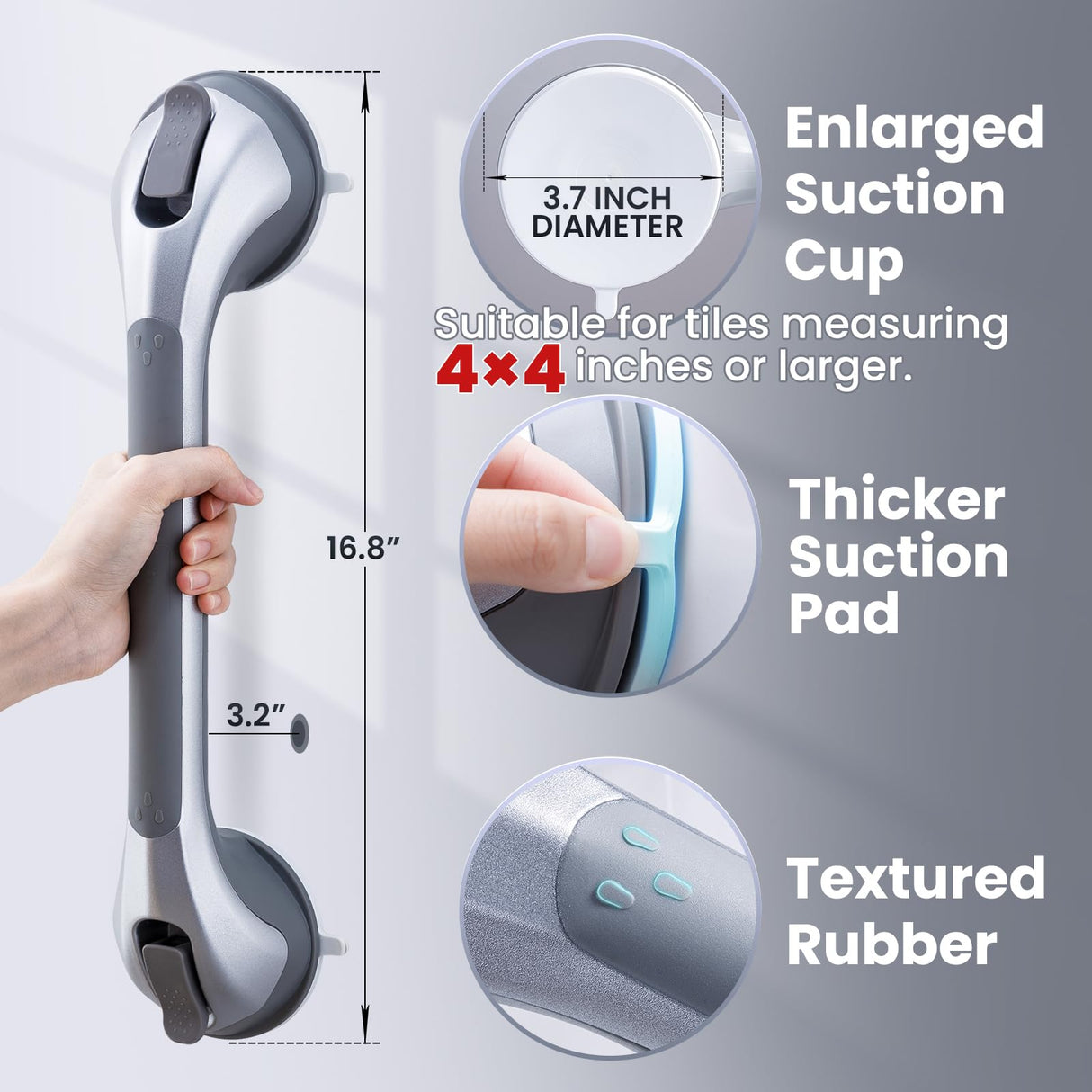 LEVERLOC Shower Grab Bars 2 Pack, Suction Grab Bar Easy to Install Shower Handle for Bathroom Removable Handrails for Seniors Elderly Heavy Duty Safety Grip Waterproof Drill Free, Silver