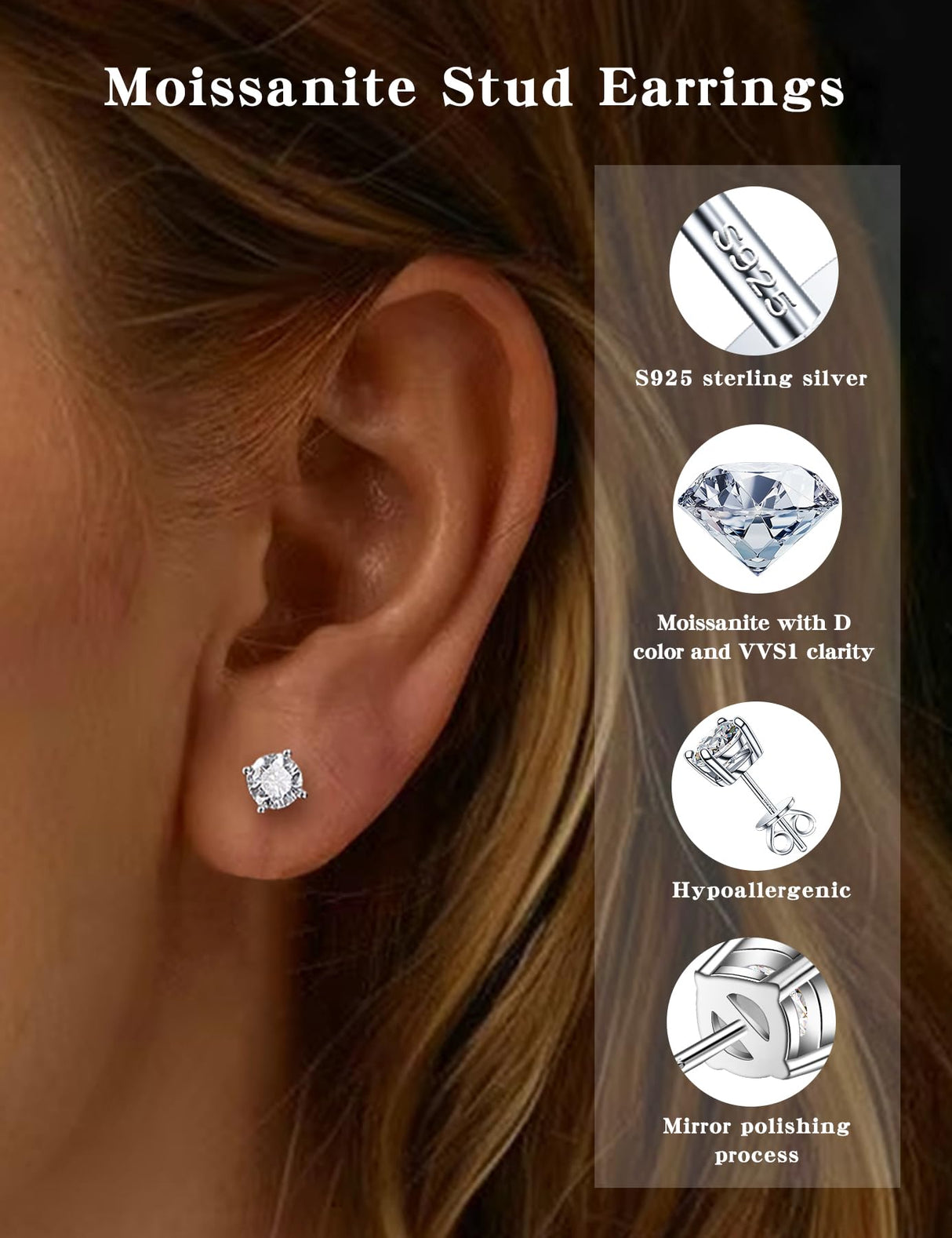 Mossanite stud earrings GRA 925 sterling silver(5mmSilver)
