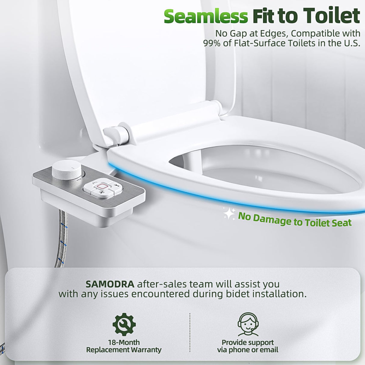 SAMODRA Bidet Attachment, Non-Electric Cold Water Bidet Toilet Seat Attachment with Pressure Controls, Retractable Self-Cleaning Dual Nozzles for Frontal & Rear Wash - Brushed Nickel