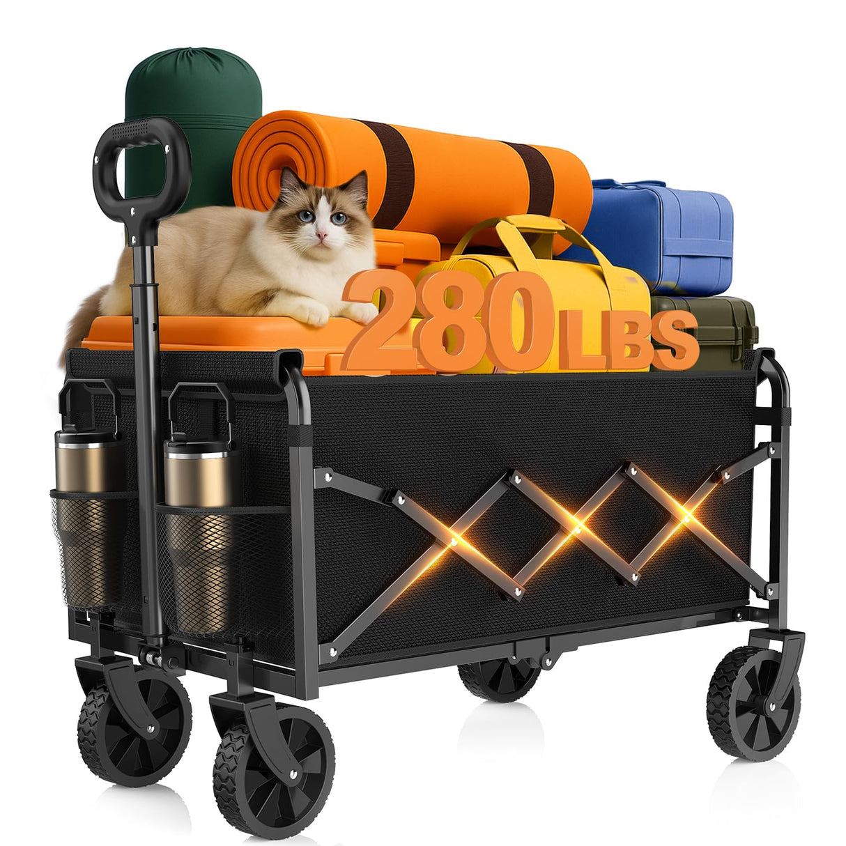 Wagons Carts Foldable, Collapsible Wagon, Folding Wagon Cart with Wheels, Wagons Carts Foldable 280 Lbs - Lightweight Portable Small Fold Up for Camping, Travel, Sports, Grocery, Shopping, Black