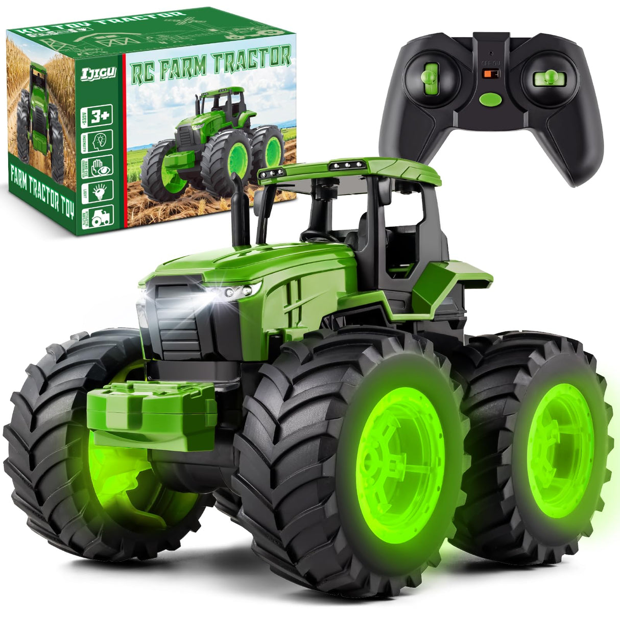 Remote Control Tractor Toys, Light Up Farm Monster Trucks Toy for Boys 3, 4, 5, 6, 7 Year Old, 2.4 Ghz RC Tractor Toys, Ideal Christmas, Birthday Gifts for Kids