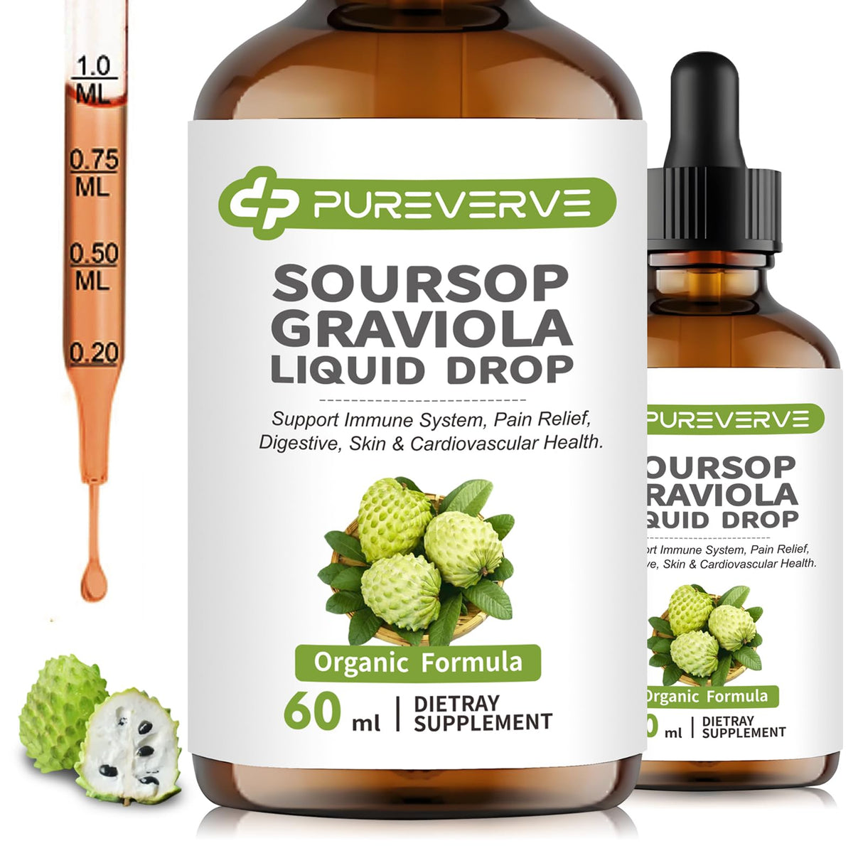 Purever Soursop Graviola Liquid Drop for Cell Support & Regeneration, Immune System and Gut Health Support, Soursop Bitters Liquid, Herbal Goodness, Sugar/Gluten Free, Natural Flavor, 2 Fl Oz