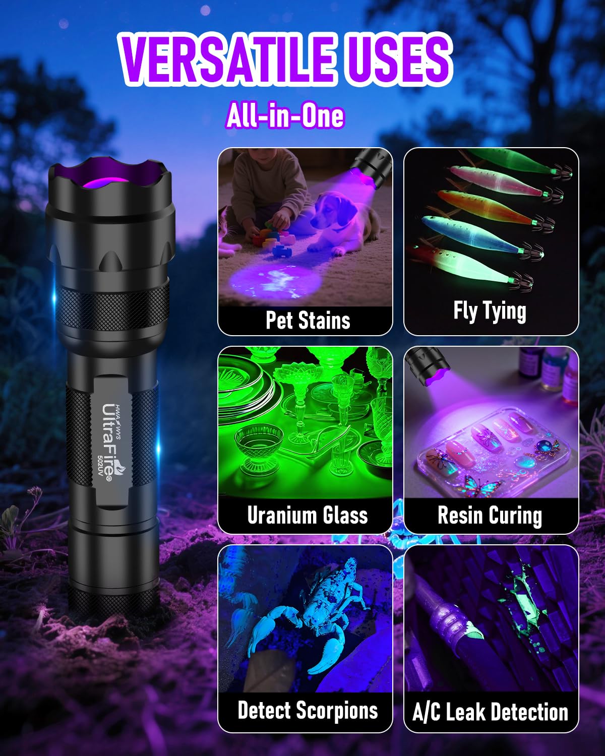 ULTRAFIRE UV Flashlight 395-405 nm Led Blacklight for Curing UV Glue, Leak Detector, Pet Urine Stain