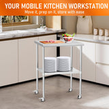 HOCCOT Stainless Steel Table with Wheels 30" x 30" Utility Worktable with Adjustable Undershelf for Commercial Kitchen, Garage, Restaurant
