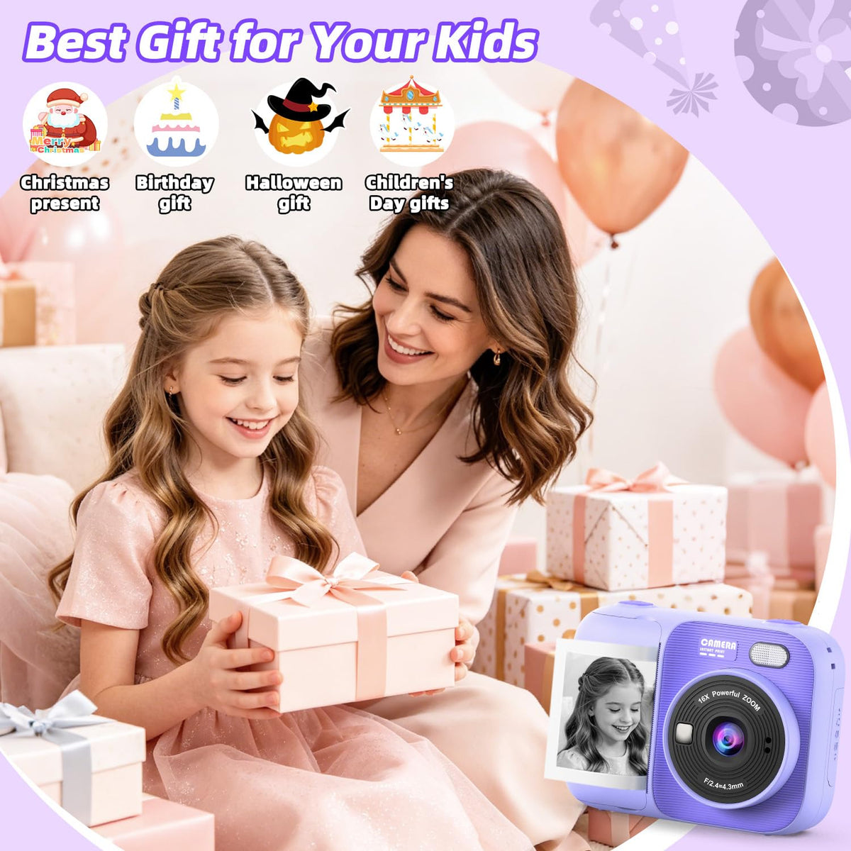 Kids Instant Print Camera with 5 Rolls Print Paper, 1080P HD Camera, Rechargeable Portable Toddler Selfie Camera, Christmas Birthday Gifts Toys for Boys Girls Age 3-12 (Purple)