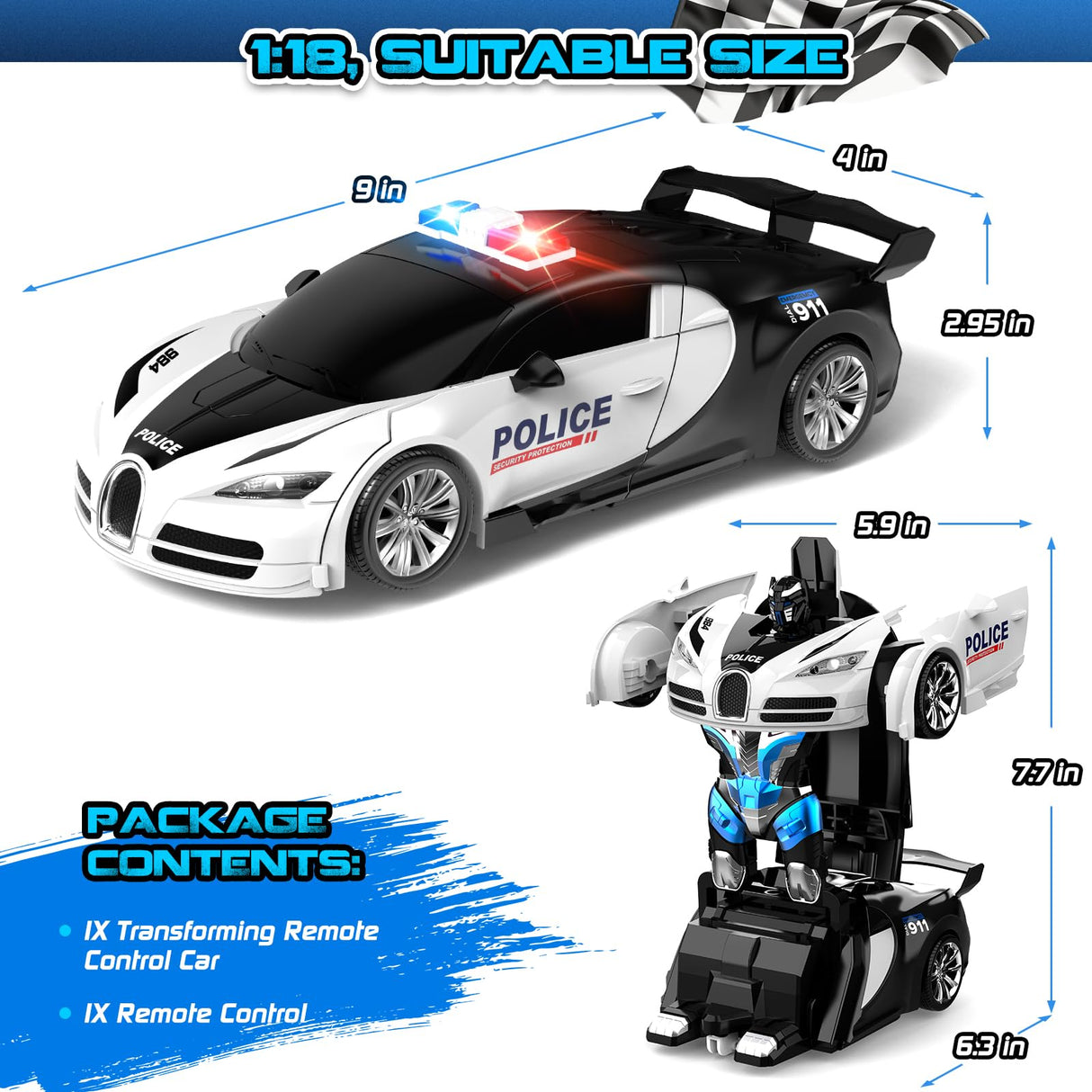 AONEPTR Remote Control Car, One-Click Becoming Robot Transforming Toys Car for Boys, Smooth Deformation, Demo Mode, 360° Rotation, Easy to Use, 2.4GHZ, LED Light, RC Cars for Christmas, Kids, White