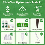 PlantaPulse 129Pcs Hydroponic Pods Kit with A&B Plant Food, 50 Grow Sponges, 50 Plant Labels, 12 Grow Baskets, 12 Grow Domes and 1 Tweezers - Indoor Hydroponics Supplies