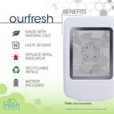 Fresh Products ourfresh 2 Air Freshener Replace Metered Aerosol with Dry Fragrance 30 Day Use Medium Sized Spaces Light Activated Battery Operated Refill Reminder White Dispenser 1 pk