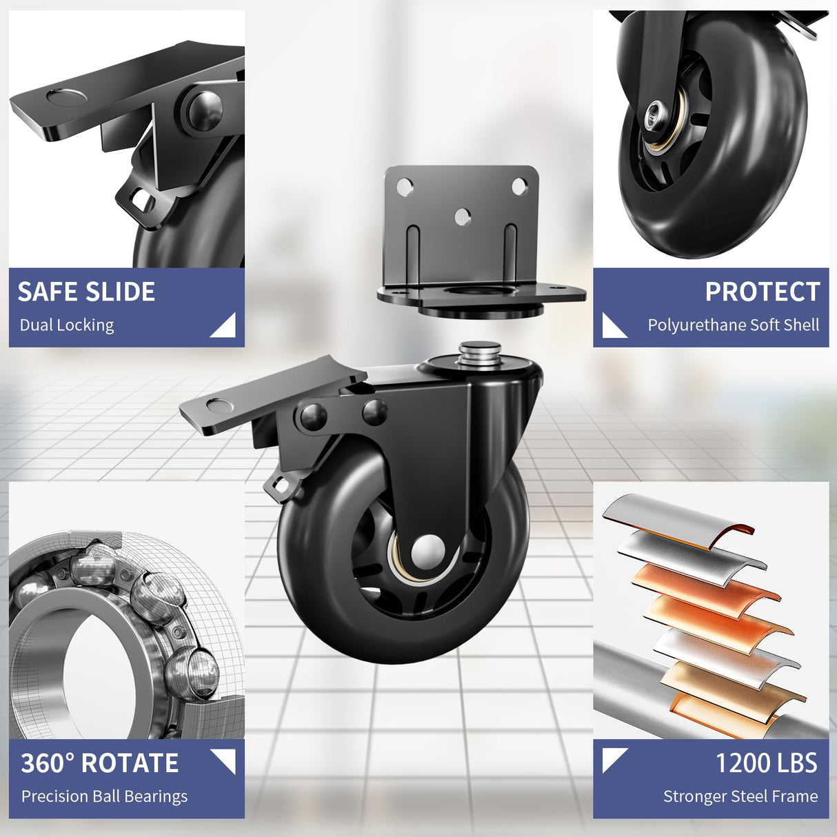Side Mount Plate Caster Wheels - Thickened L-Shaped Mounting ，Heavy Duty 1200 LBS，Set of 4 with Brake，360° Swivel，Locking，Castor Wheels for Furniture，Carts，Cabinet，Table(Black, 3 inchs)