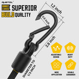 Rugtol Adjustable Bungee Cords with Hooks, 6 Pack Heavy Duty Outdoor Carabiner Bungee Cord, Black Super Elastic Bungee Straps Easily Adjust from 7" to 48", Great for Cargo, Camping, Bike Racks, Tents