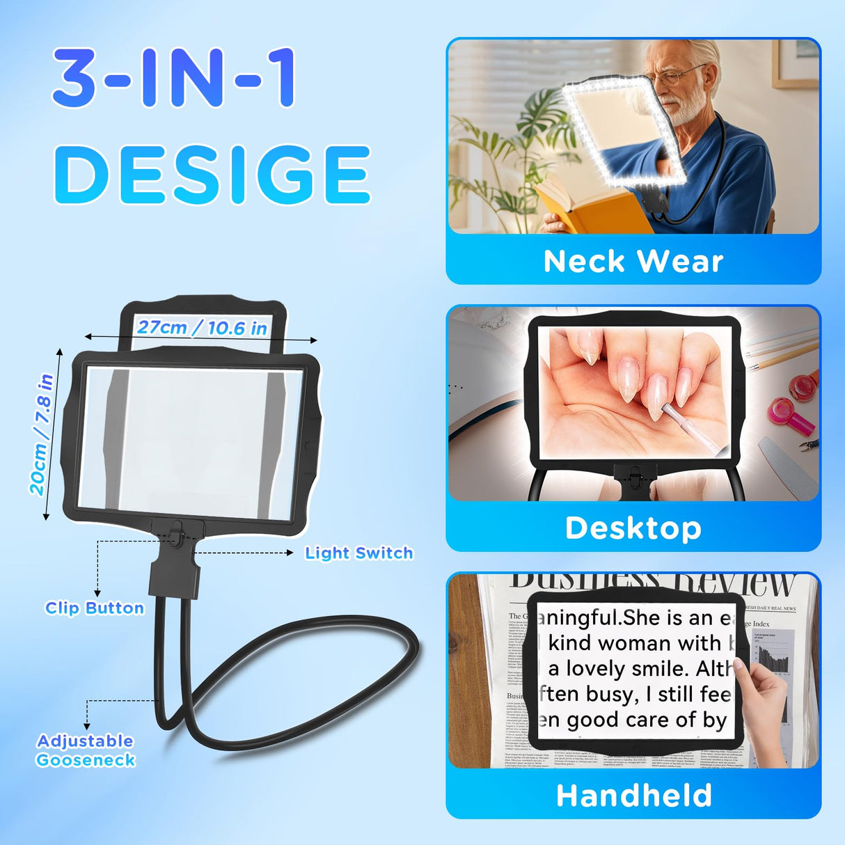 Large 10X Hands Free Magnifying Glass with Light for Reading Neck Wear Magnifier with Adjustable Brightness 50 Led Lights Flexible Gooseneck Full Book Page Magnifier for Seniors Low Vision Elderly
