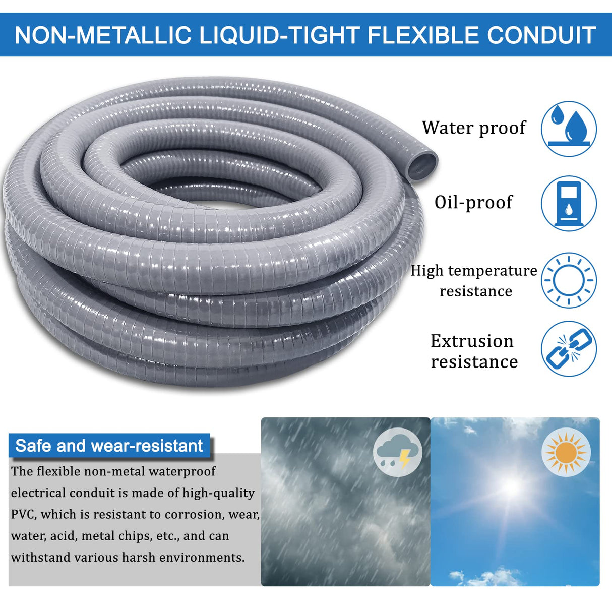 Liquid-Tight Conduit 50 ft and 8 Pieces of Connector Kit,Electrical Conduit 1/2 Flexible Non Metallic Conduit UL Certification,Flexible Conduit with 5 Straight and 3 Degree Conduit Connector Fittings