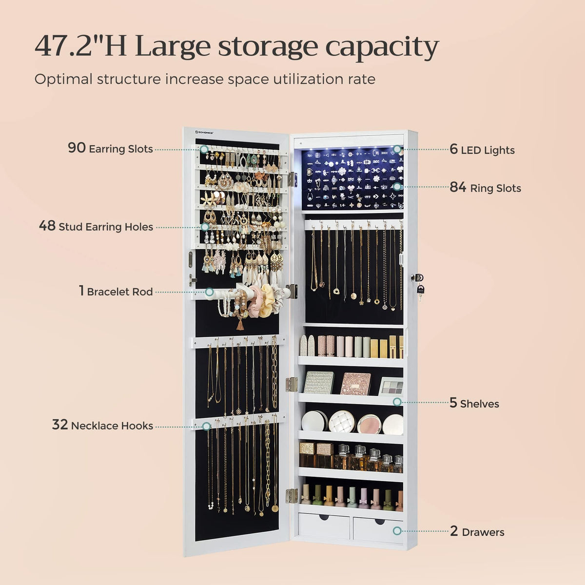 SONGMICS 6 LEDs Mirror Jewelry Cabinet, 47.2-Inch Tall Lockable Wall or Door Mounted Jewelry Armoire Organizer with Mirror, 2 Drawers, 3.9 x 14.6 x 47.2 Inches, White UJJC93W