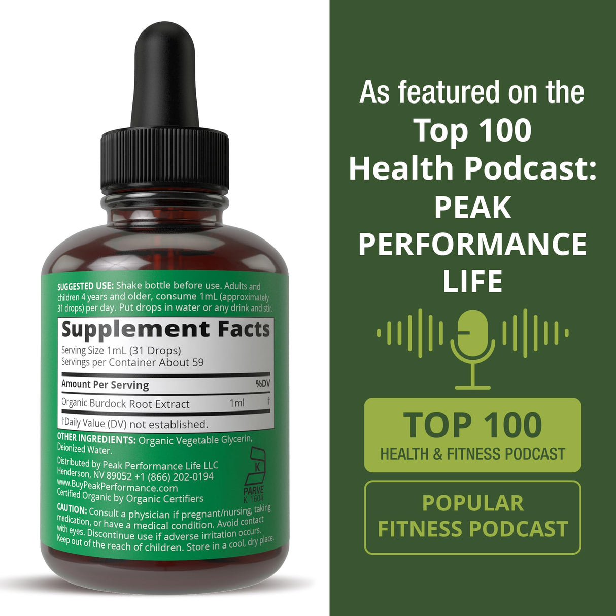 Peak Performance USDA Organic Burdock Root Liquid Drops Supplement. Vegan Extract Tincture for Women and Men. Organic Burdock Root Oil Herb. Zero Sugar, Gluten Free Supplements