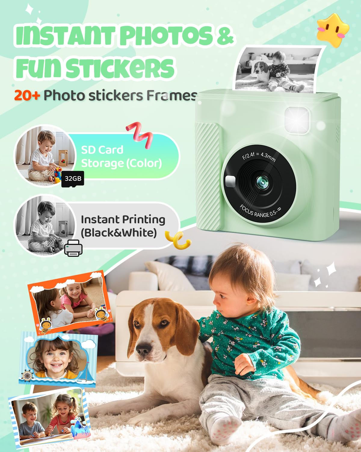 TIATUA Kids Instant Print Camera, Christmas Birthday Gifts for Girls and Boys, 1080P HD Video Digital Kids Camera with Print Paper & 32G Card, Toddler Toy for 3-14 Years Old (Green)