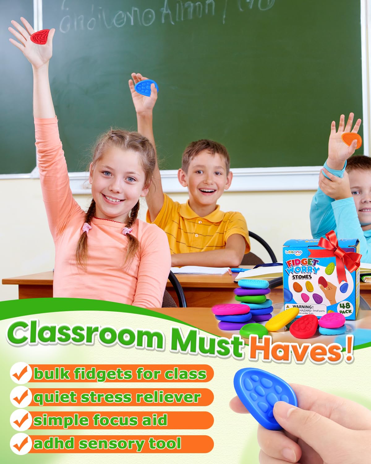 Fidget Toys Sensory Stone for Kids: 48 Pack Textured Worry Stones - Bulk Fidgets for Classroom Prizes Gooide Bag Stuffers - ADHD Tools for Autism Kids Calming - Gifts Christmas Stocking Stuffers