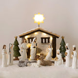 Nativity Set Indoor – 15 Pieces Christmas Nativity Scene Set with Manger, LED Star, Angel with Gloria Banner, Wooden Style Nativity Sets & Figures for Kids and Family Holiday Christmas Décor