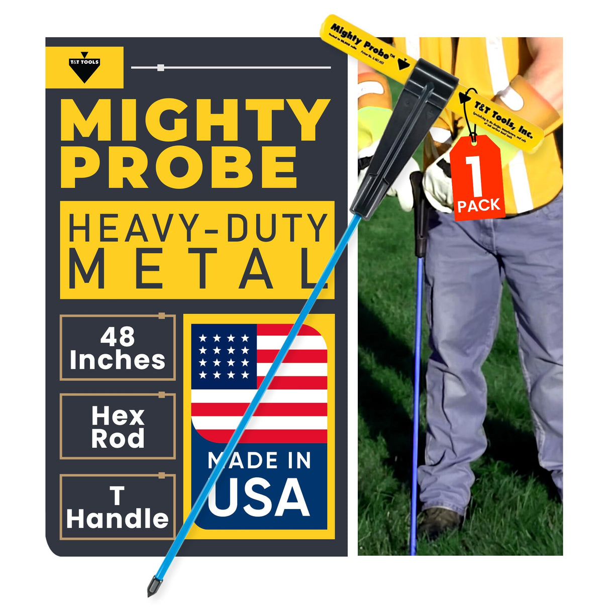 T&T Tools 48-Inch Mighty Probe Metal Soil Probe – 3/8" Hex Rod - 1 Pack