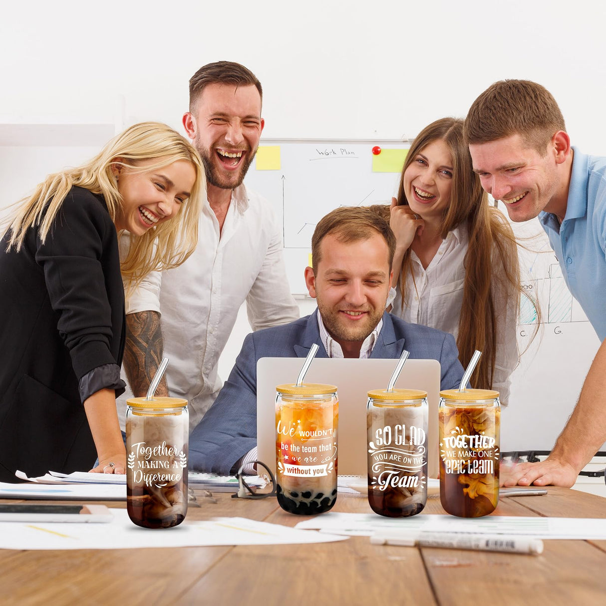 Purpeak 12 Set Employee Appreciation Gifts Christmas Appreciation Cups for Team Thank You Gifts Glass Cups for Staff Coworker 16 oz Can Shaped Beer Glass with Lids Straws Brushes(Mixed Style)