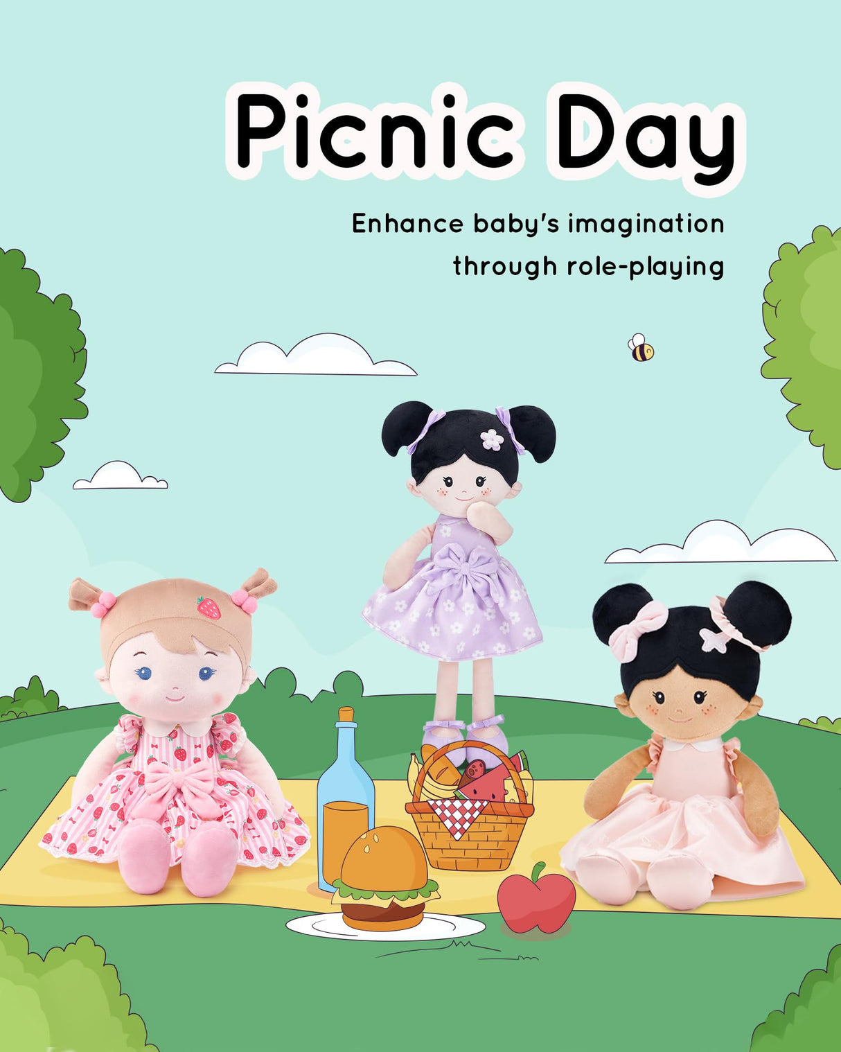 LeyaDoll Soft Baby Doll Toys (16''), My First Baby Rag Doll for 1 Year-Old Girl Birthday Gift, Christmas Plush Toys Gift for Toddler Kids Infants-Strawberry-Girl