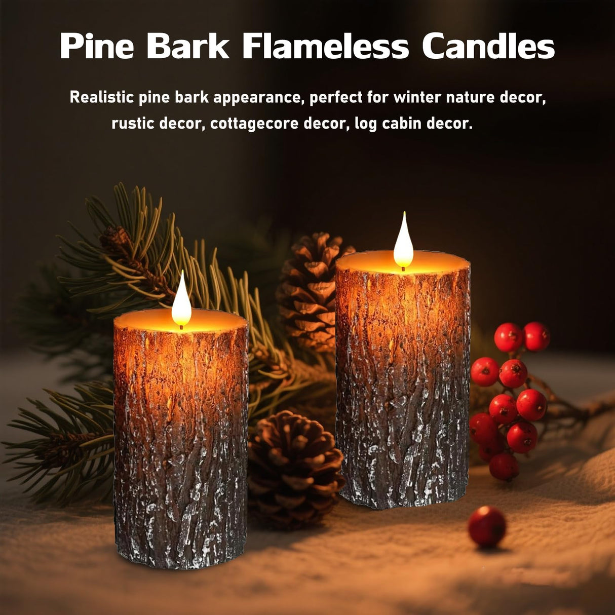VEEKI Flameless Candles Lights, Set of 2 6"x3" Pine Bark Flickering LED Candles with Remote & Timer, Dimmable Pillar Candles Battery Operated, Real Wax Electric Candle for Christmas Winter Home Decor