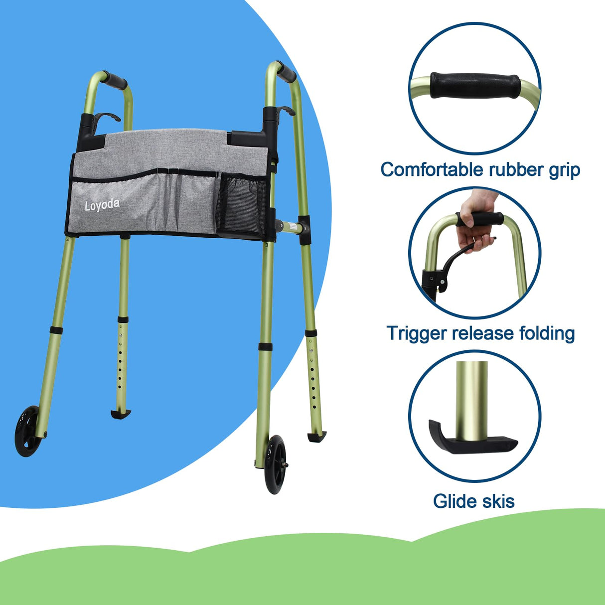 Loyoda Folding Walkers for Seniors,FSA/HSA Eligible Medical Walker with Storage Bag and Glide Skis 5'' Front Wheel Lightweight Walker Height Adjustable Aluminum Standard Walker for Disabled (Green)